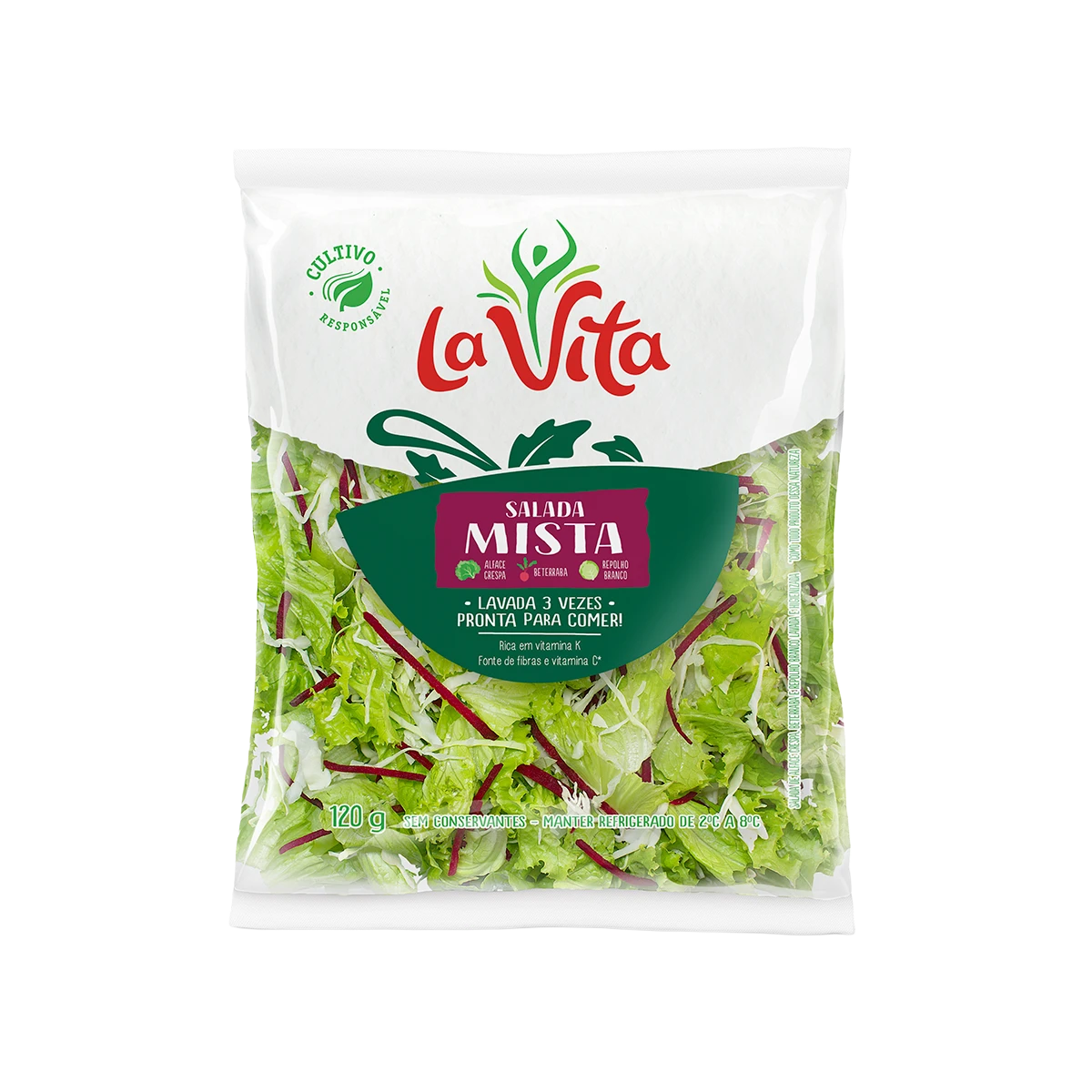 Salada mista lavada 3 vezes pronta para consumo La Vita 120g